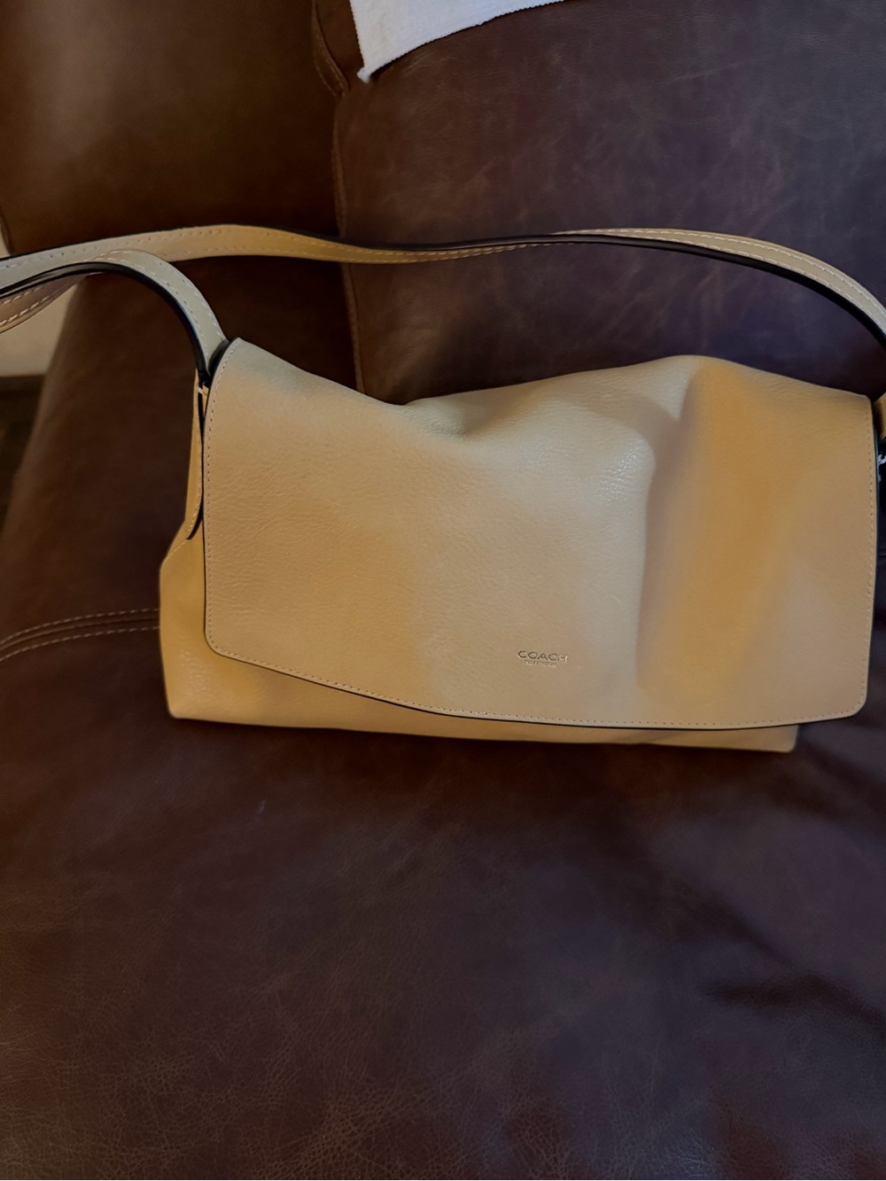 Coach Beige Leather Shoulder Bag with Flap